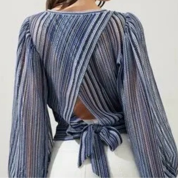 Elegant Blue Striped V-Neck Blouse - Picture 14 of 15